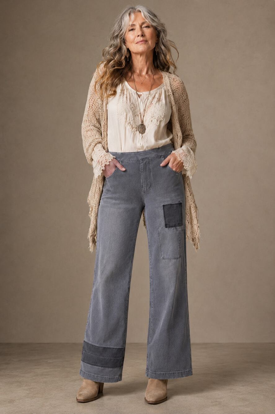 LOGO by Lori Goldstein Tall Gray Knit Denim Shadow Patch Pants Size Approx M